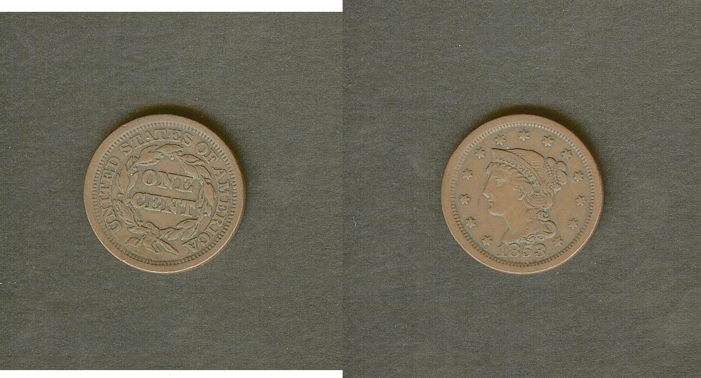 USA 1 cent \"braided hair\" 1853 gVF
